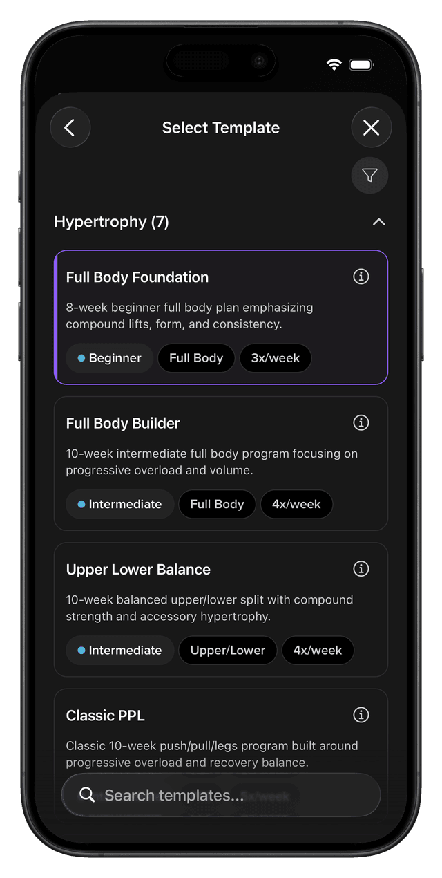 Training templates and plans screen